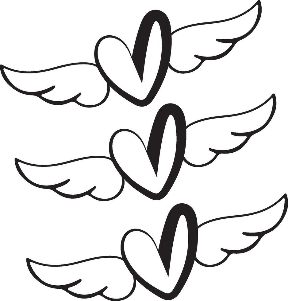 lovers heart drawn in black outline with bird wings, for various holiday designs vector