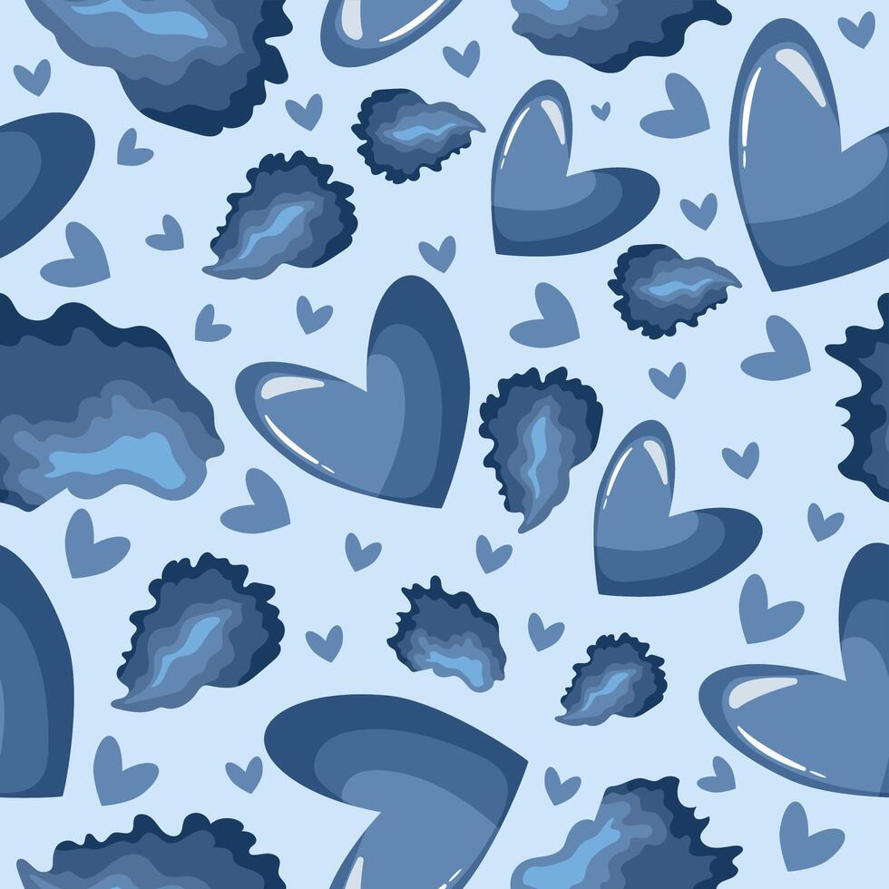 festive pattern for St. Valentine's Day from blue hearts and blue petals from iris flowers on a blue background vector