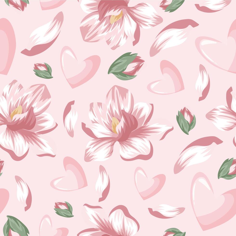 seamless festive pattern of pink hearts with various petals and buds of pink magnolia on a pink background, for Saint Valentine's Day vector