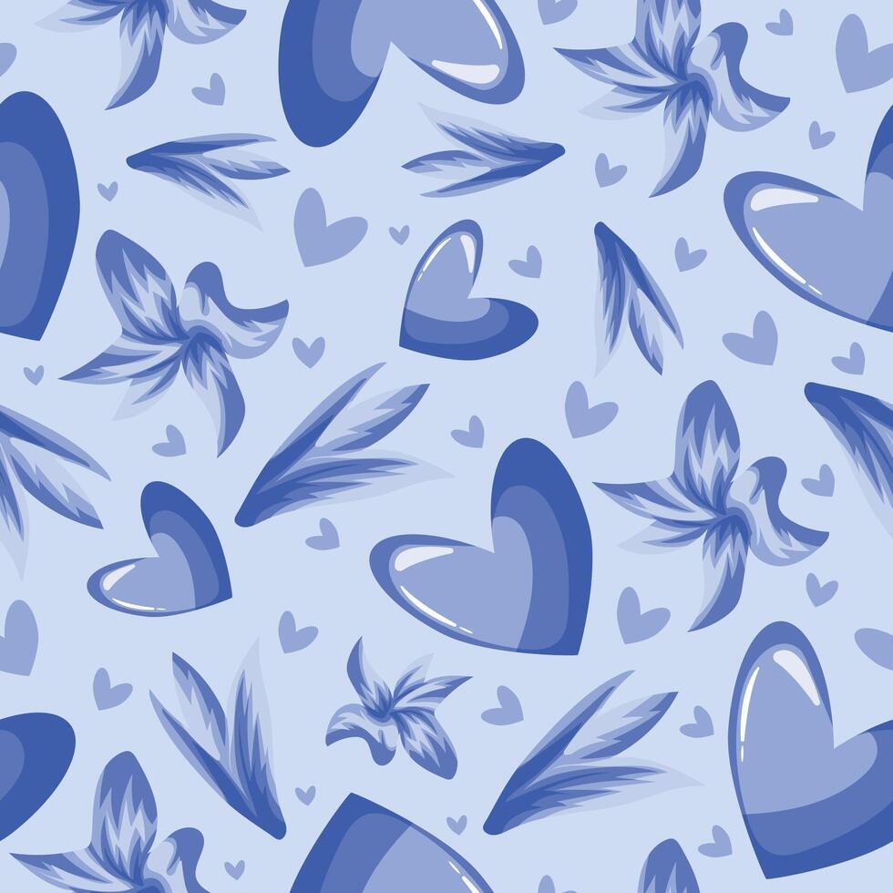 seamless pattern with blue hearts and delicate blue petals with cornflowers on a blue background, for the holiday of St. Valentine vector