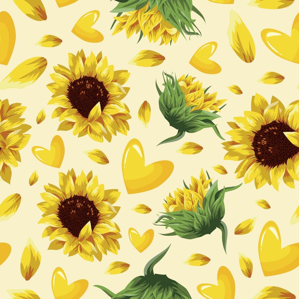 seamless festive pattern of yellow hearts with various sunflower petals and buds on a yellow background, for Saint Valentine's Day vector