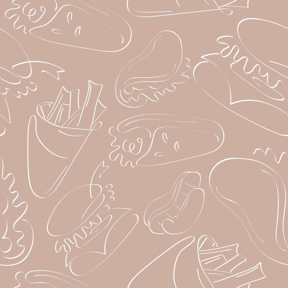 seamless pattern of original fast food icons, namely burger, taco, fries and shawarma icon in line art style on a beige background vector