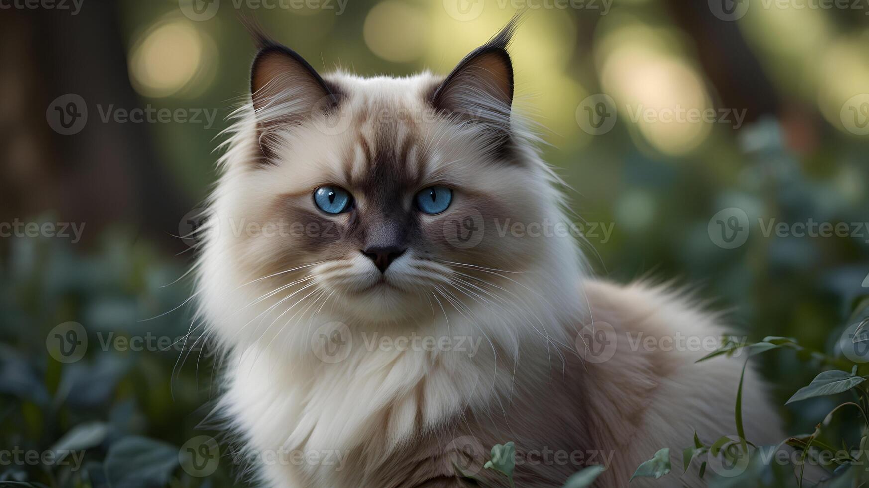 Stunning Neva Masquerade Cat with Captivating Blue Eyes in Lush Green Foliage photo