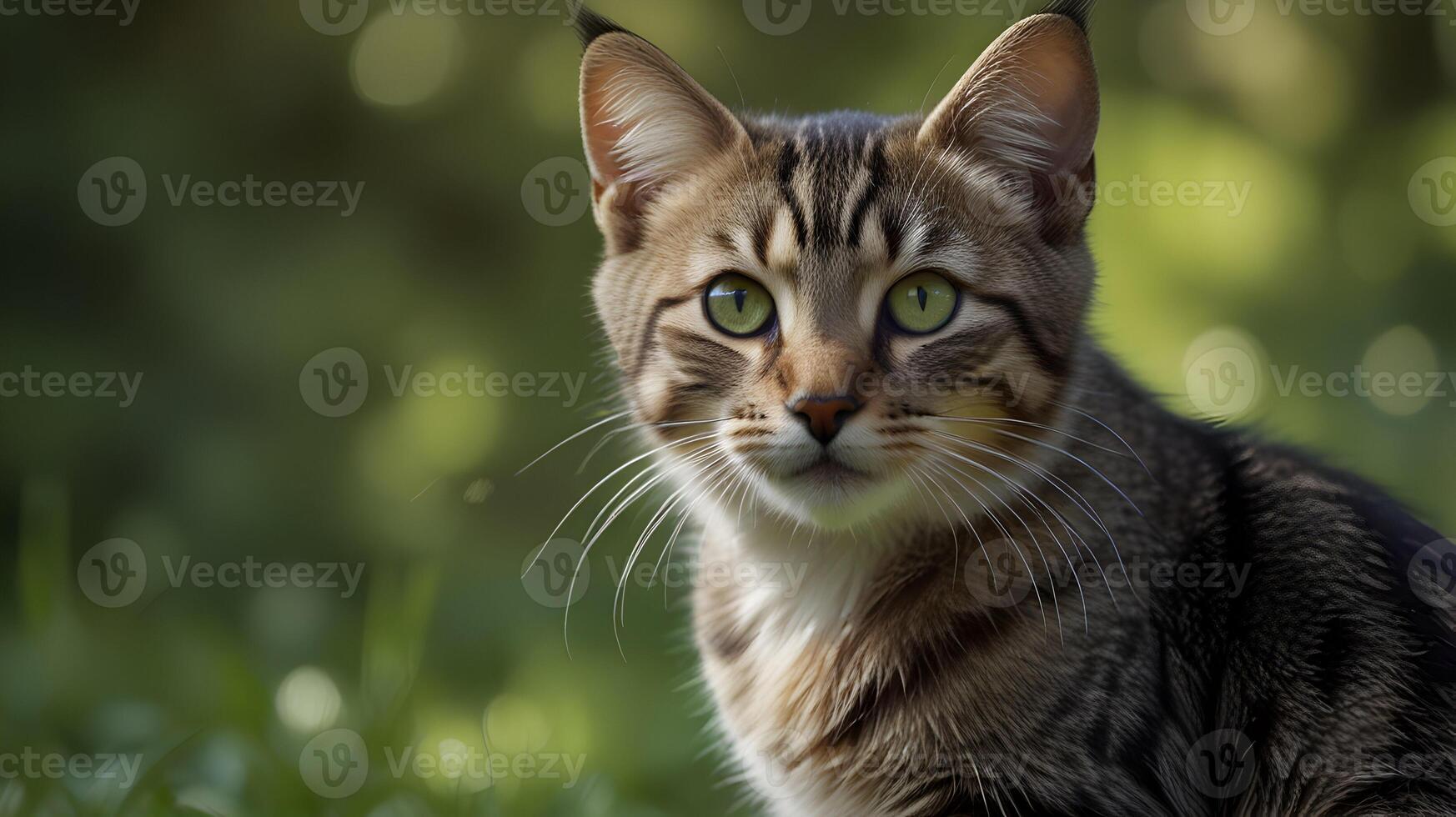 Striking Portrait of a Tabby Cat in Lush Green Meadow, Captivating Gaze and Soft Fur, Wildlife Photography photo
