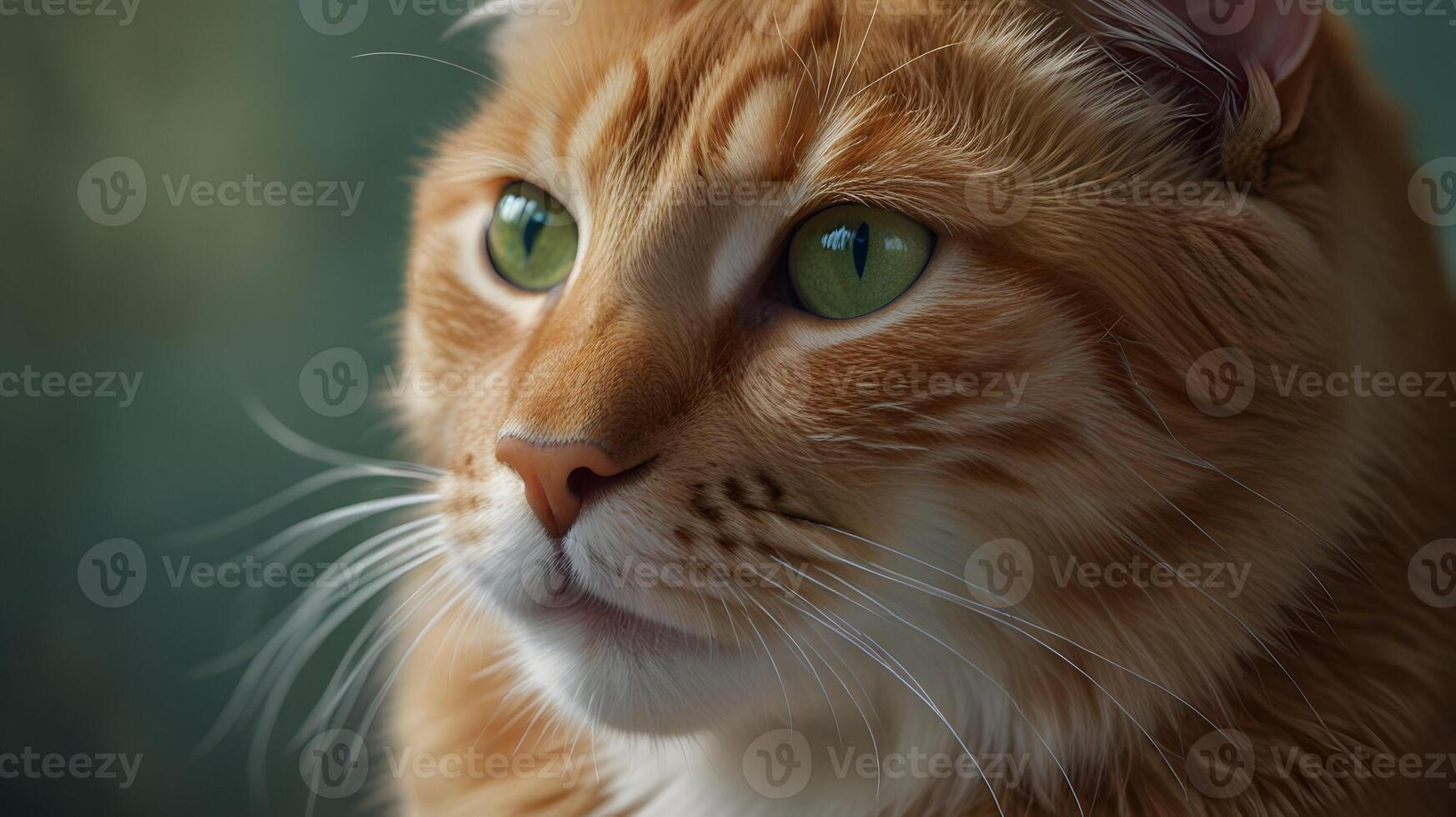 Close-Up Portrait of a Ginger Cat with Striking Green Eyes, Fluffy Fur, and Captivating Gaze. A Stunning Pet Photography photo