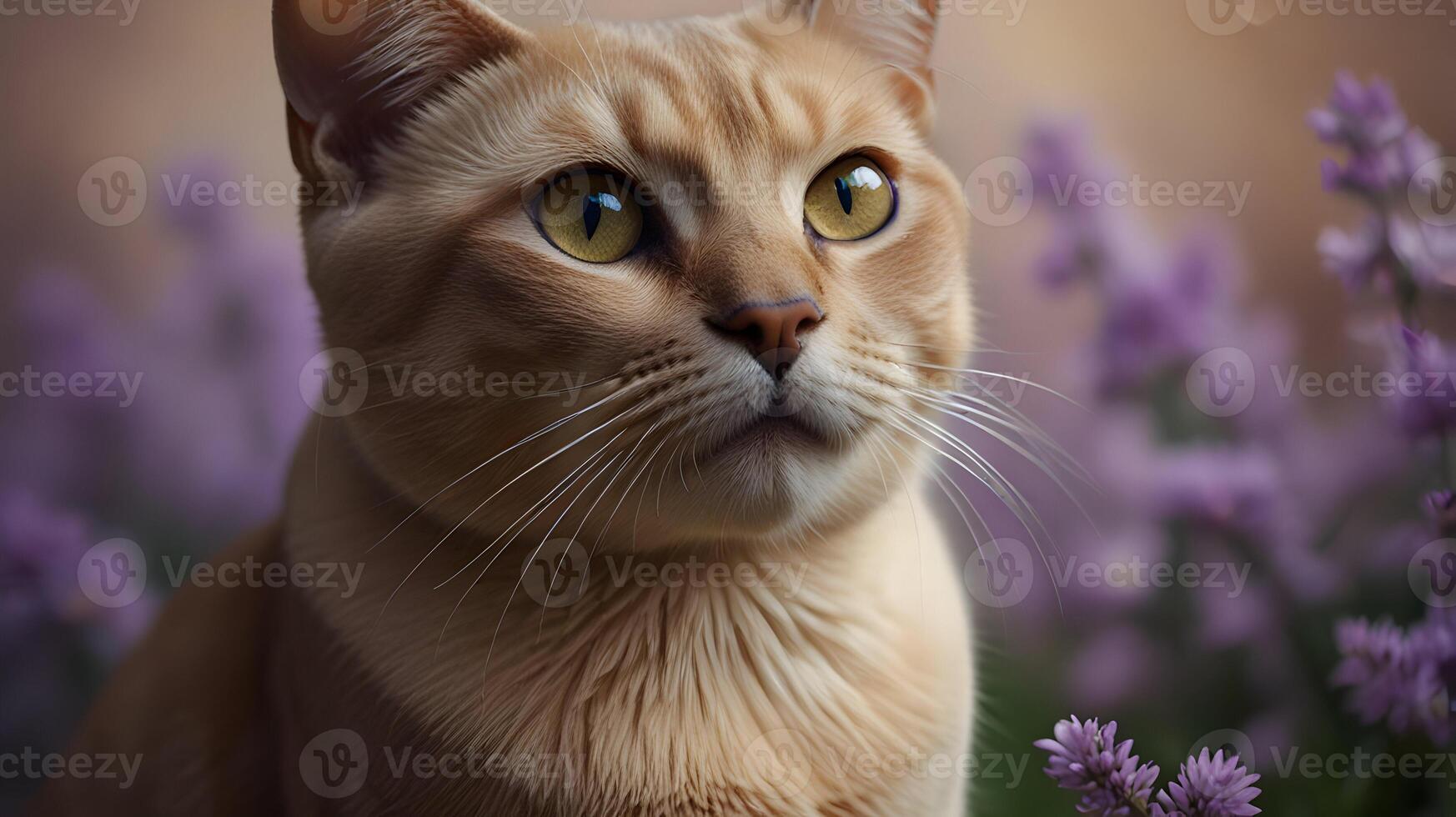 A Stunning Portrait of a Golden Cat Amidst Lavender Blossoms A Captivating Image of Feline Grace and Natural Beauty photo