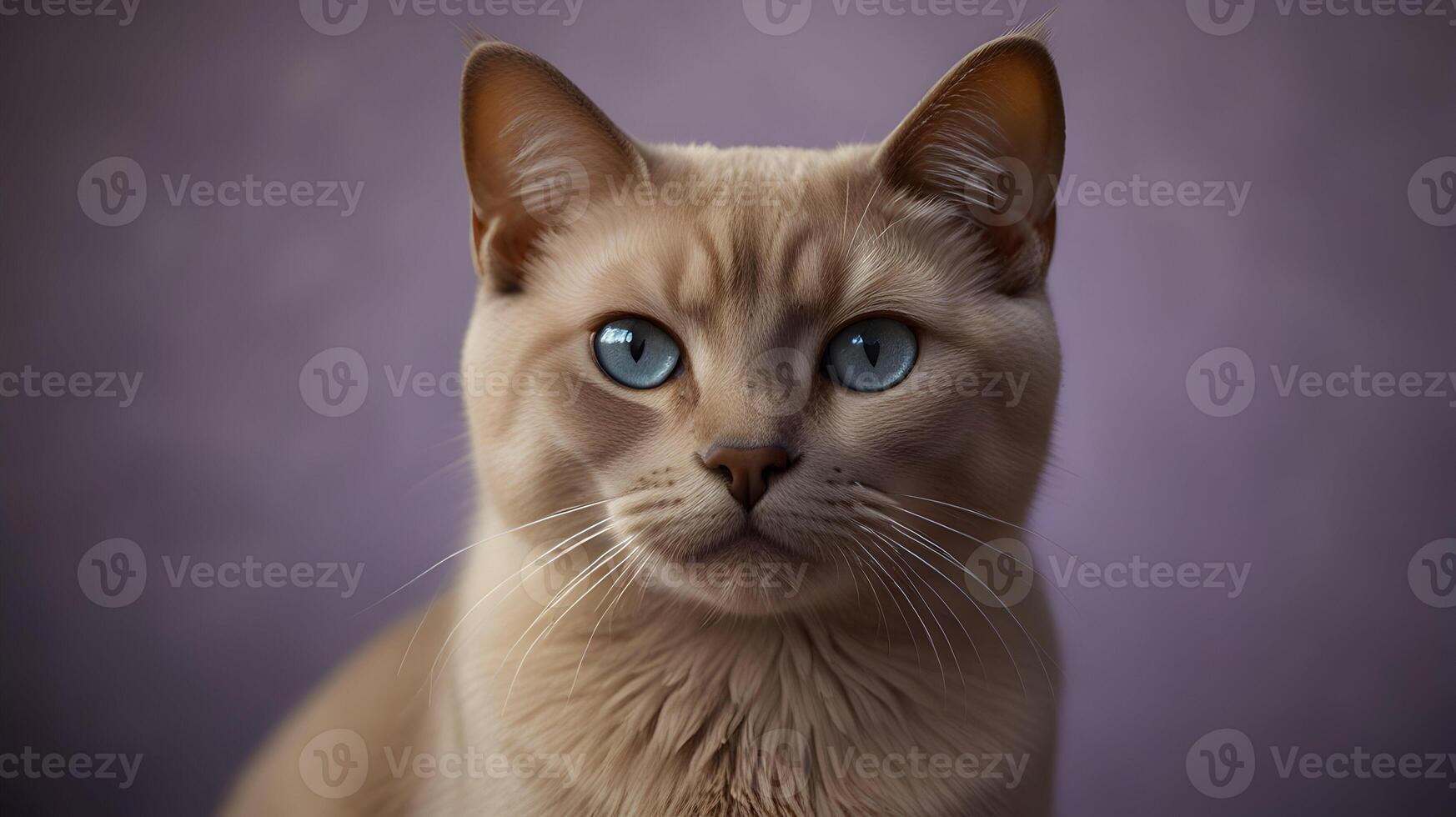 Stunning Portrait of a Lilac Point Siamese Cat with Captivating Blue Eyes Against a Soft Purple Background photo