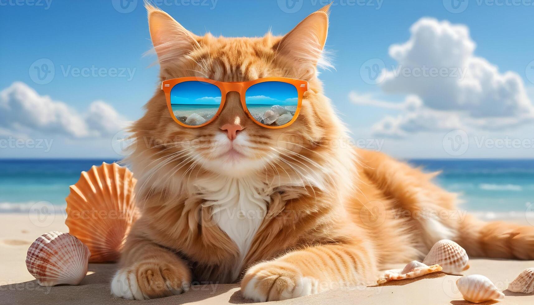 A Ginger Feline Basking in Summer Sunshine with Seashells photo