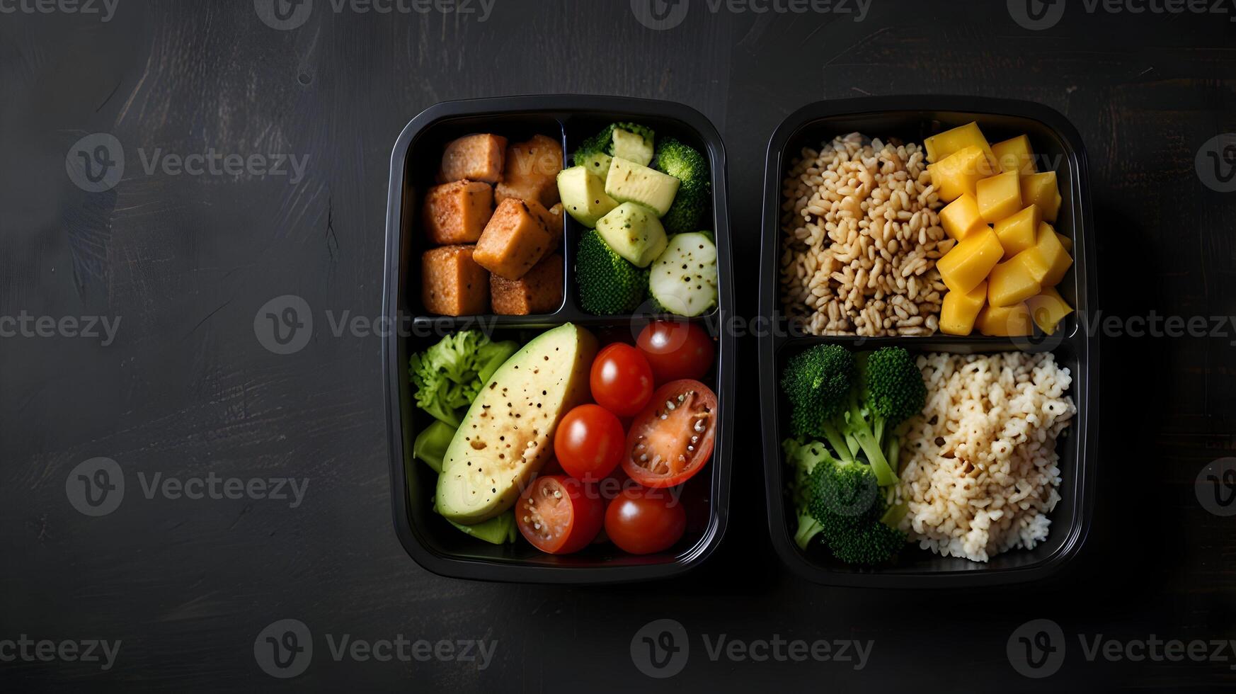 Two Delicious and Nutritious Lunch Boxes Filled with Brown Rice, Tofu, Avocado, Mango, and Broccoli photo