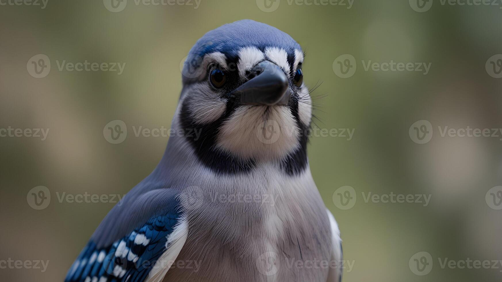 Closeup Portrait of a Majestic Blue Jay Bird in its Natural Habitat, showcasing vibrant plumage and intense gaze photo