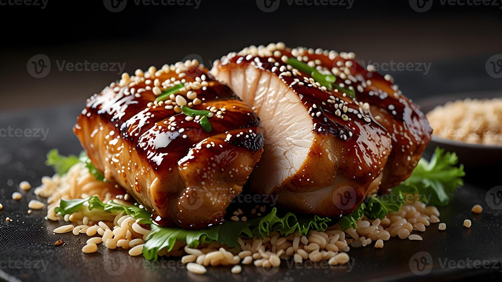 Delicious Teriyaki Glazed Chicken Breast Slices Served on a Bed of Rice with Sesame Seeds and Green Onions photo