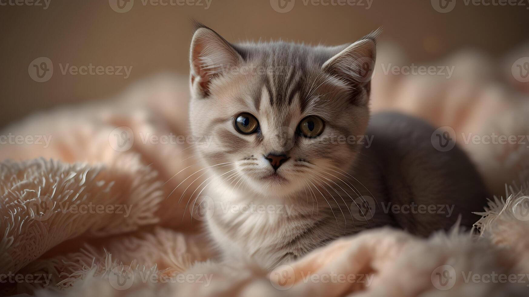 Adorable Grey Kitten Resting on a Soft Peach Blanket, a Cozy Home Portrait photo