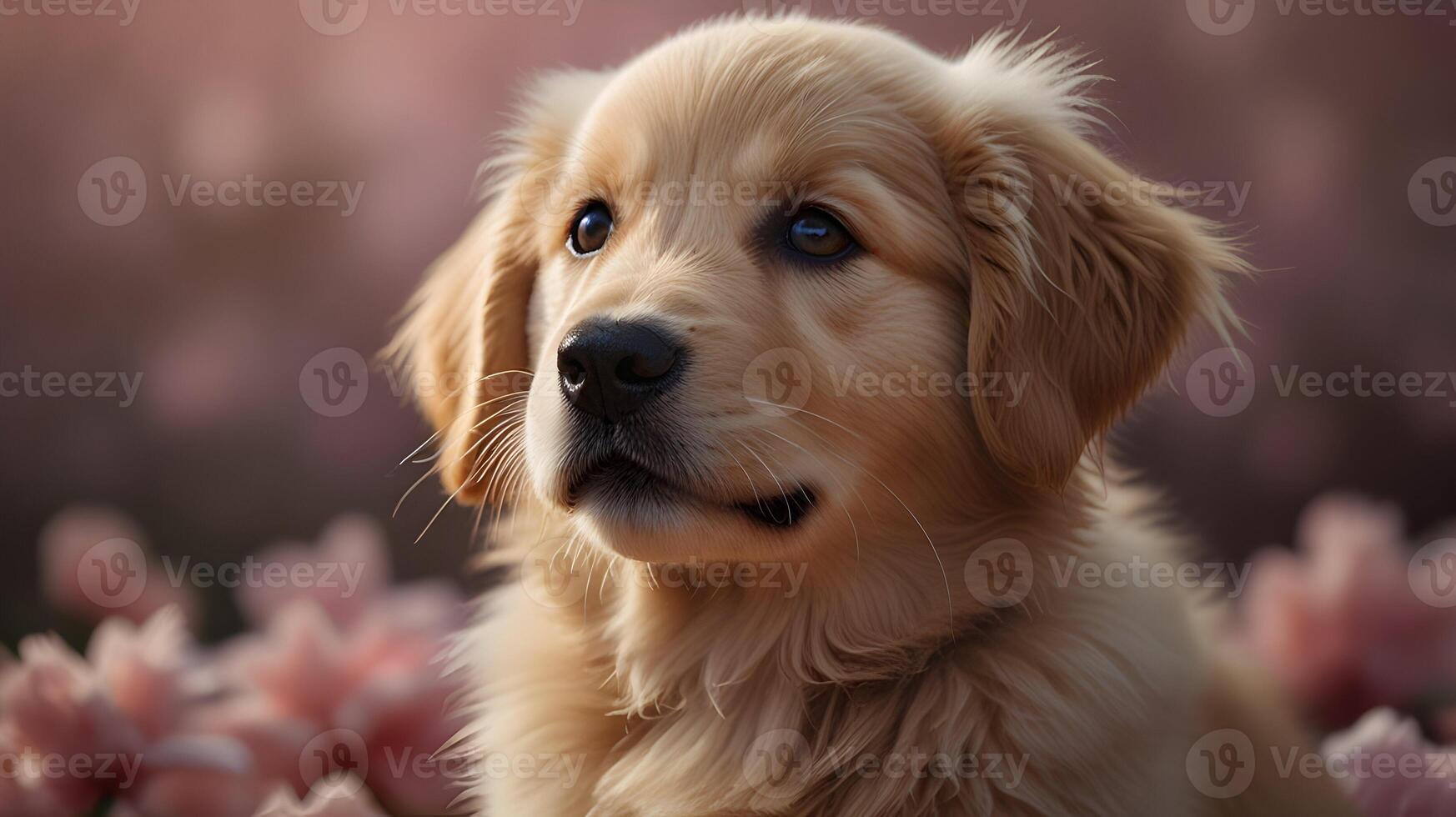 Adorable Golden Retriever Puppy Amidst Blooming Pink Flowers A Close-Up Portrait of a Golden Retriever Puppy in a Field of Pink Flowers photo