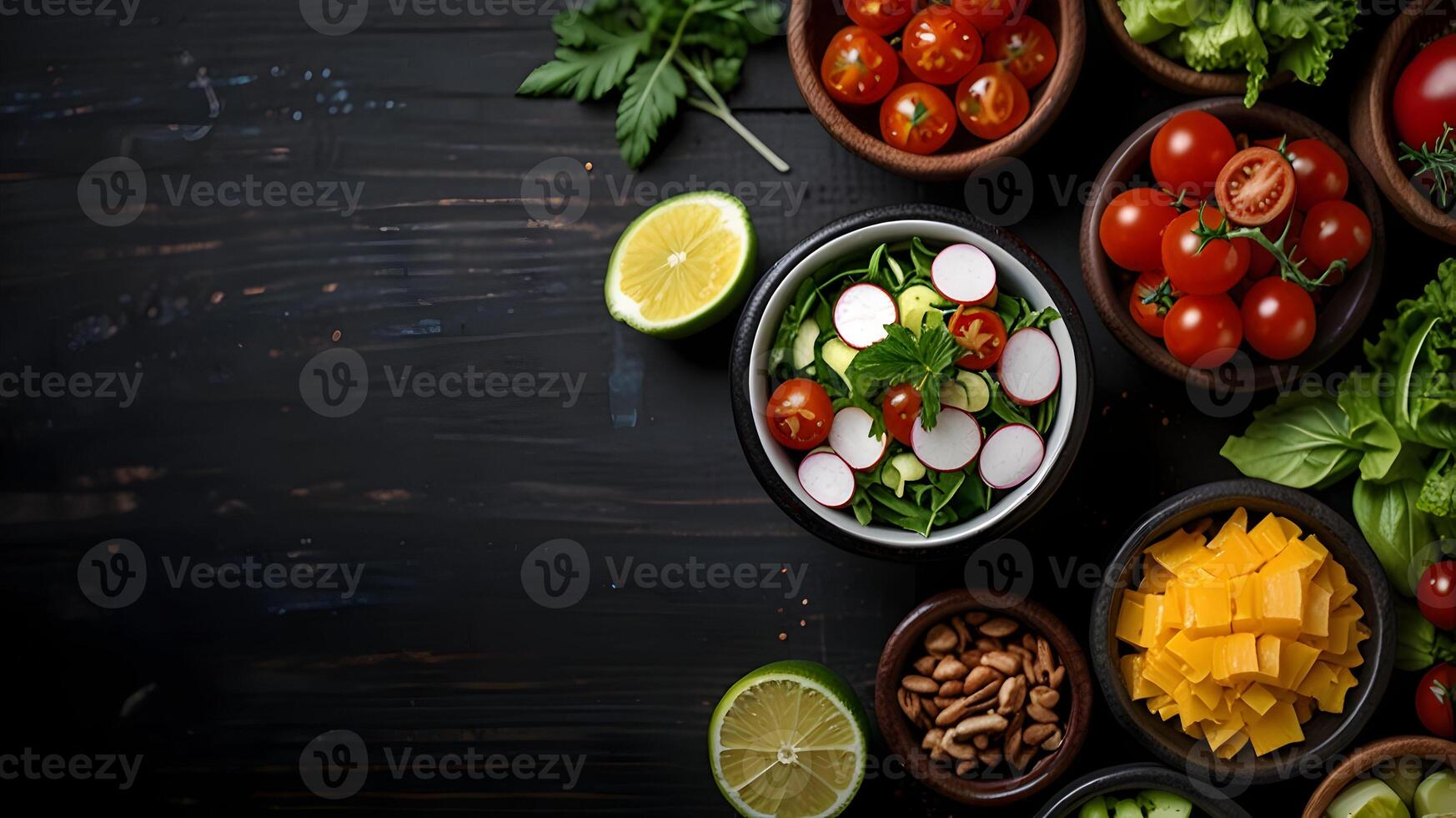 Delicious and Healthy Salad Recipe with Cherry Tomatoes, Radishes, and Cucumber on Dark Wooden Background photo