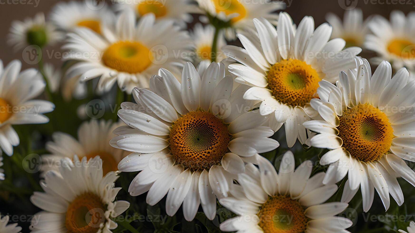 Close Up Photography of a Bouquet of White Daisies with Yellow Centers, Delicate Petals and Fresh Dew Drops photo