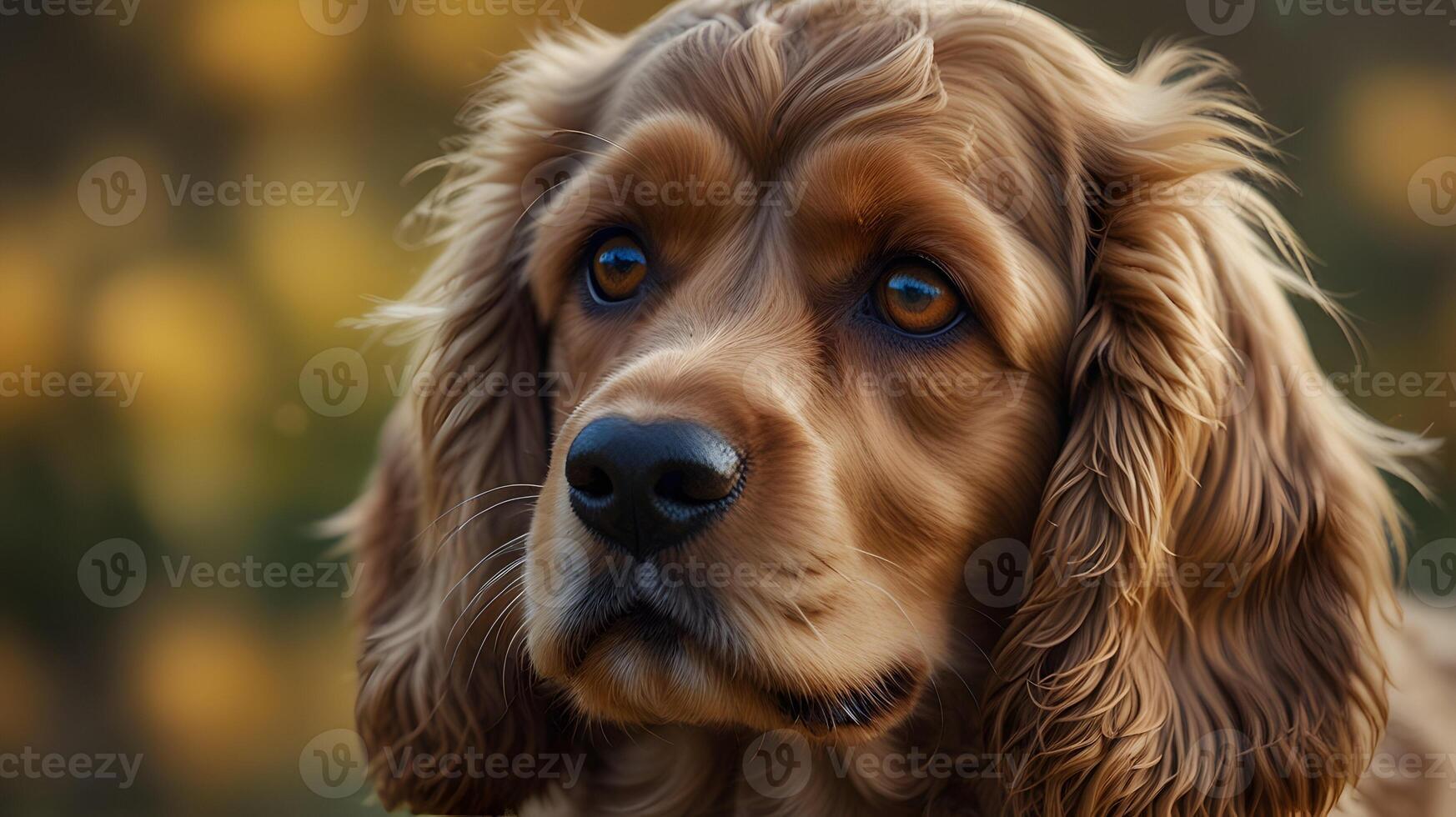 A Stunning Close-Up of a Brown Cocker Spaniel Dog with Deep Brown Eyes Against a Blurred Autumnal Background photo
