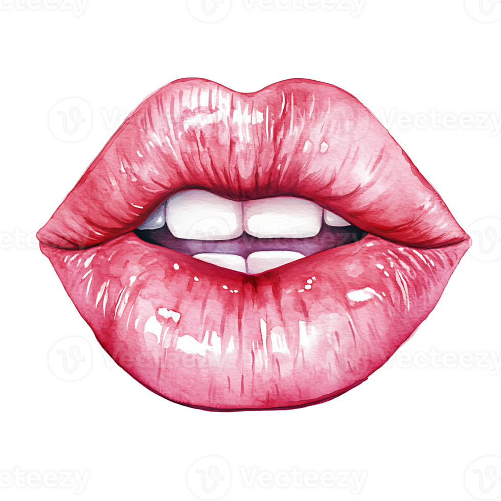 Glossy pink lips with bright smile, showcasing healthy teeth and vibrant color png