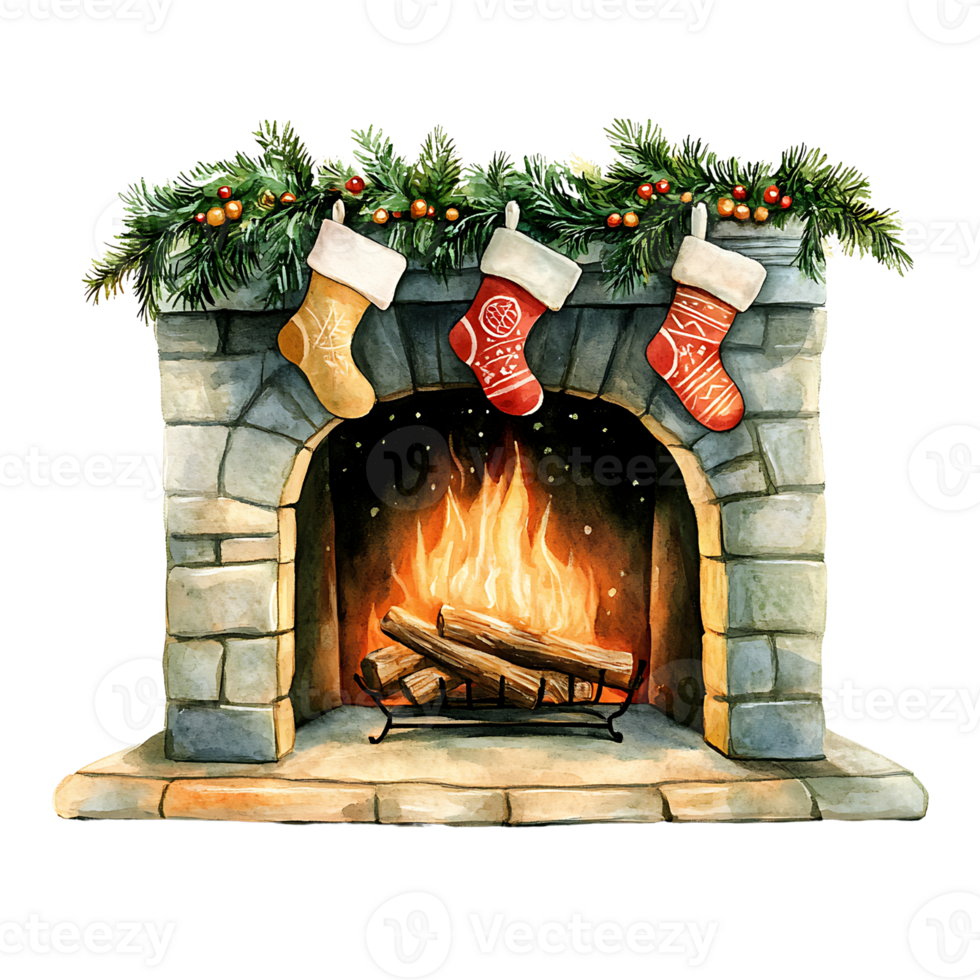 Cozy fireplace with stockings and festive decorations png