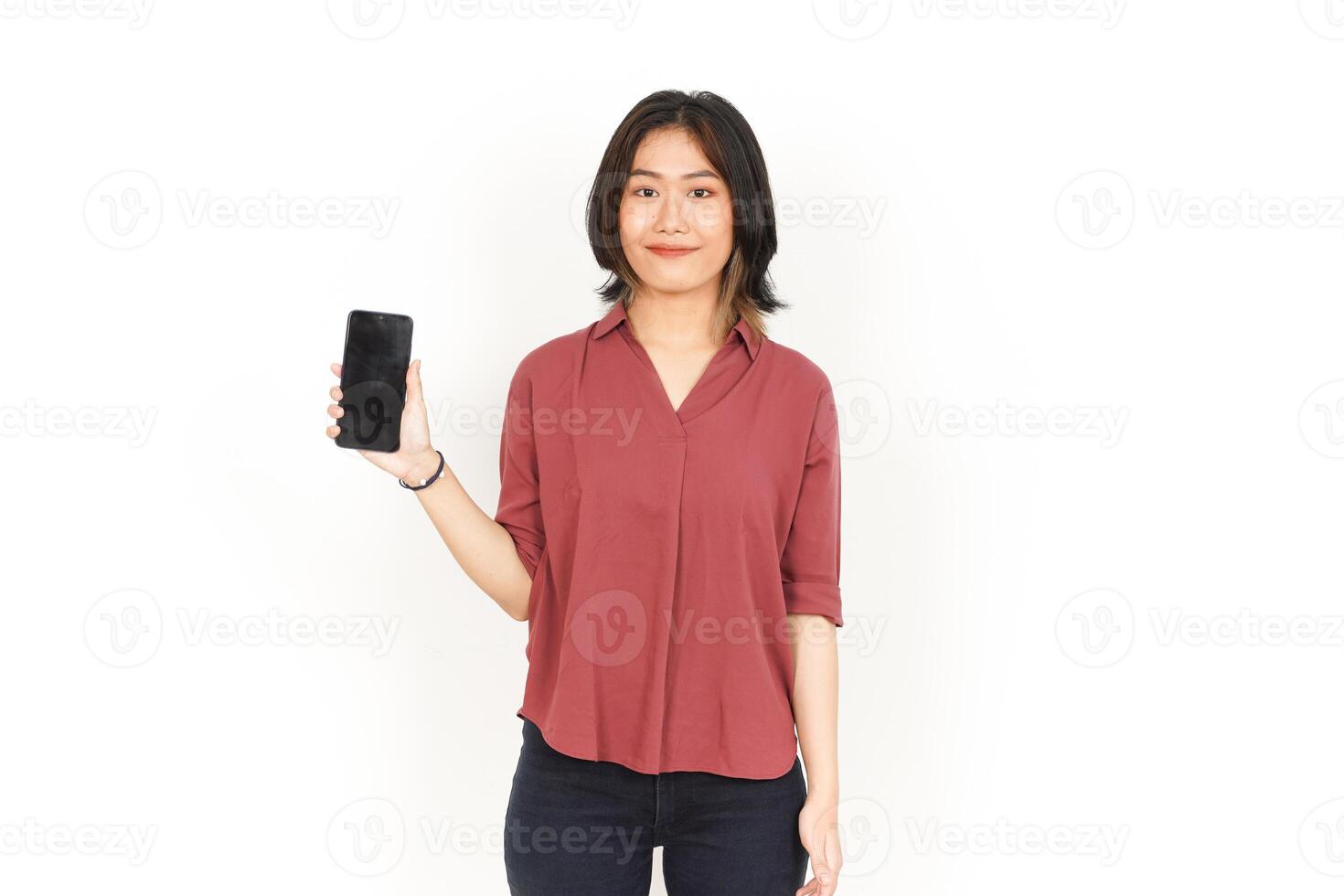 Showing and Presenting Apps or Ads On Blank Screen Smartphone Of Beautiful Asian Woman Isolated On White Background photo