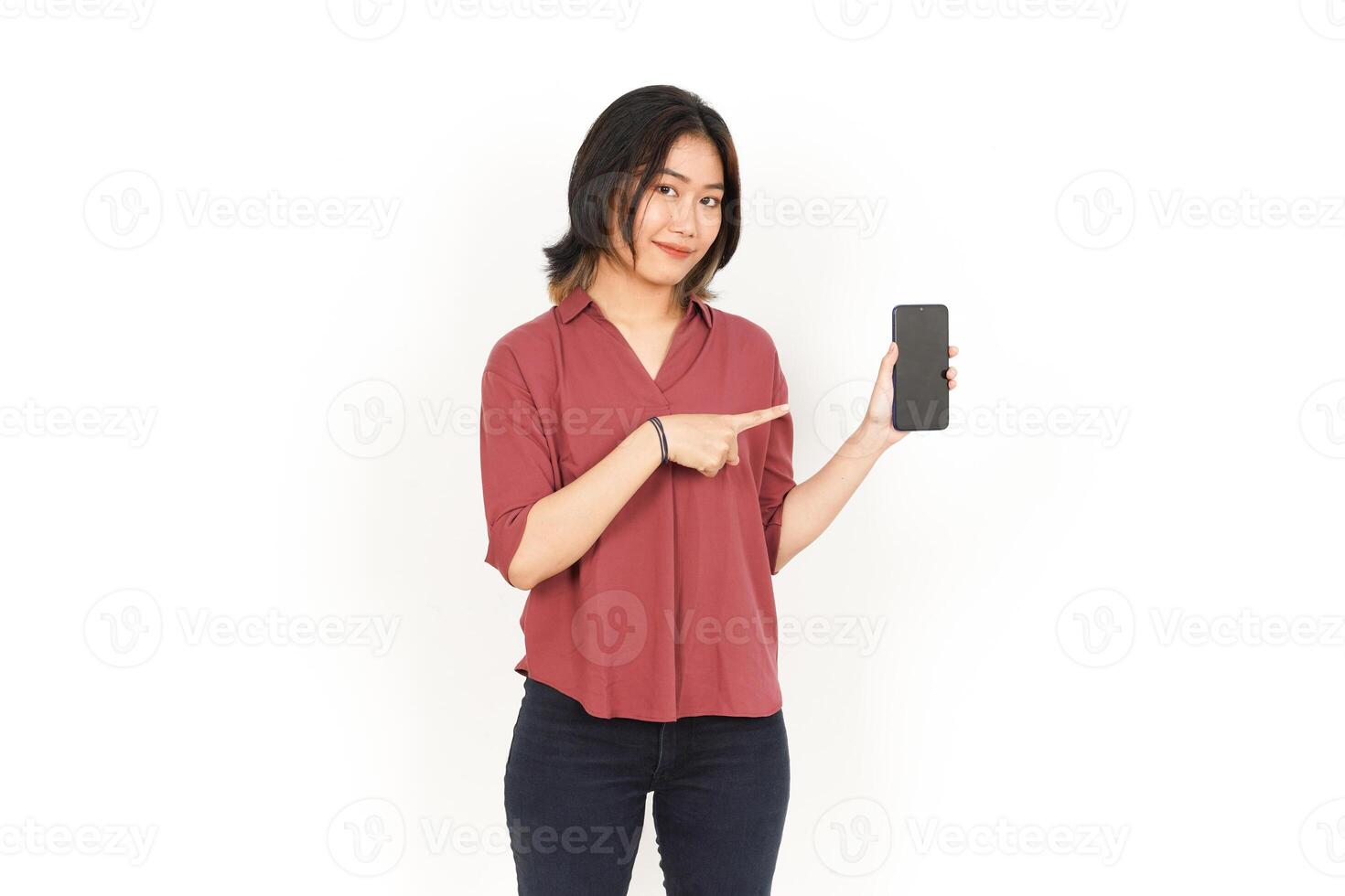 Showing and Presenting Apps or Ads On Blank Screen Smartphone Of Beautiful Asian Woman Isolated On White Background photo