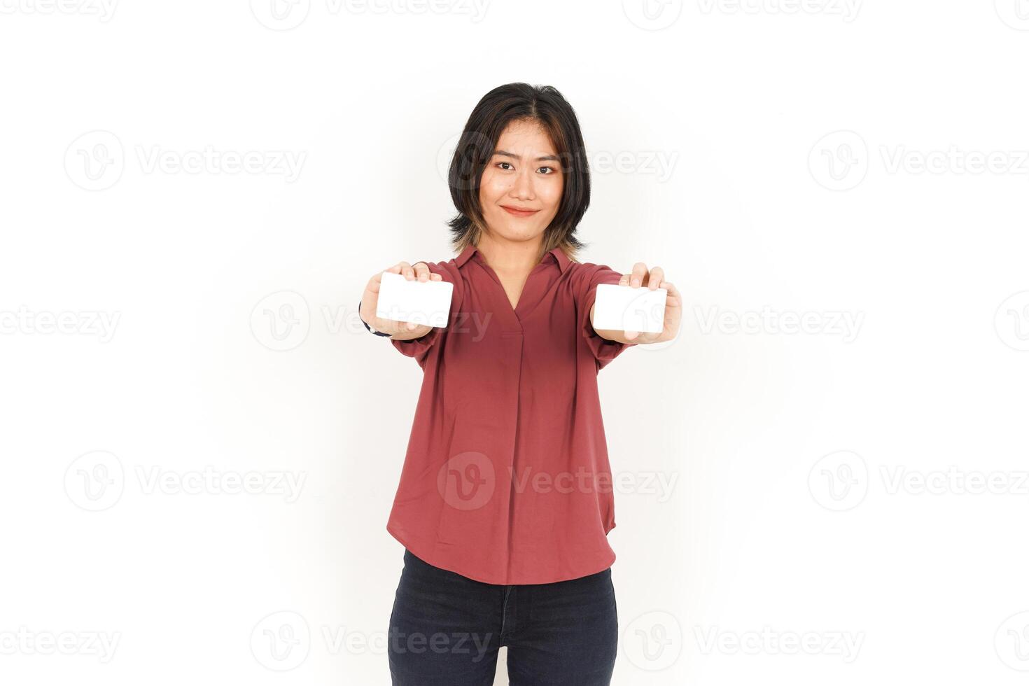 Holding Blank Bank Card Or Credit Card Of Beautiful Asian Woman Isolated On White Background photo