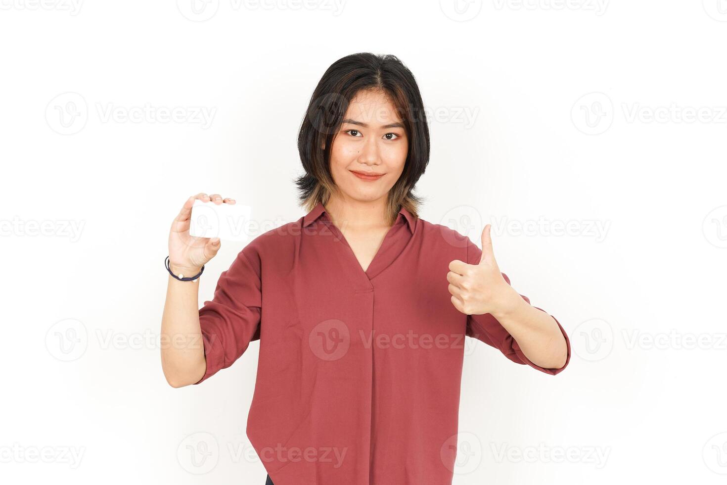 Holding Blank Bank Card Or Credit Card Of Beautiful Asian Woman Isolated On White Background photo