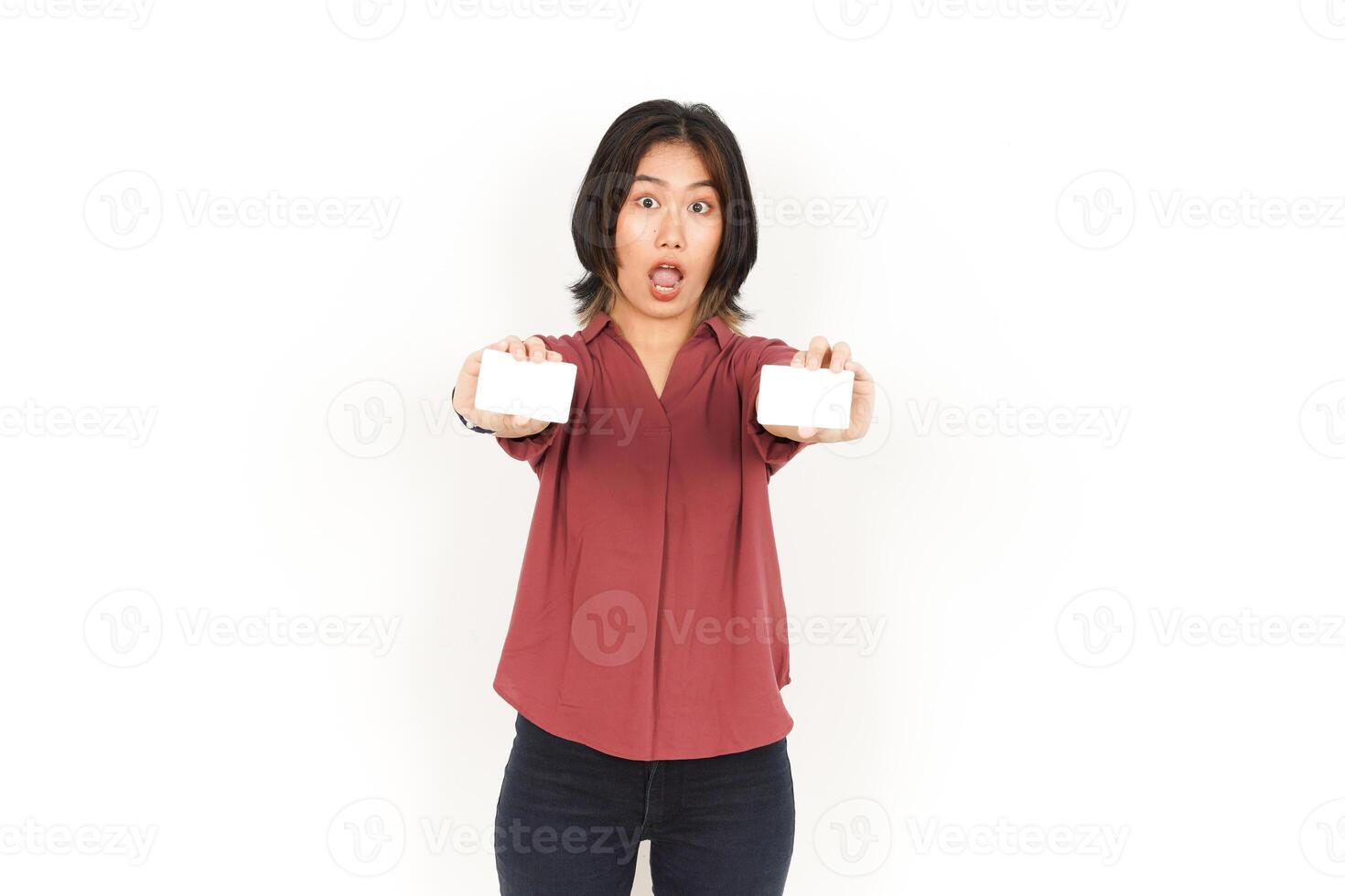 Holding Blank Bank Card Or Credit Card Of Beautiful Asian Woman Isolated On White Background photo