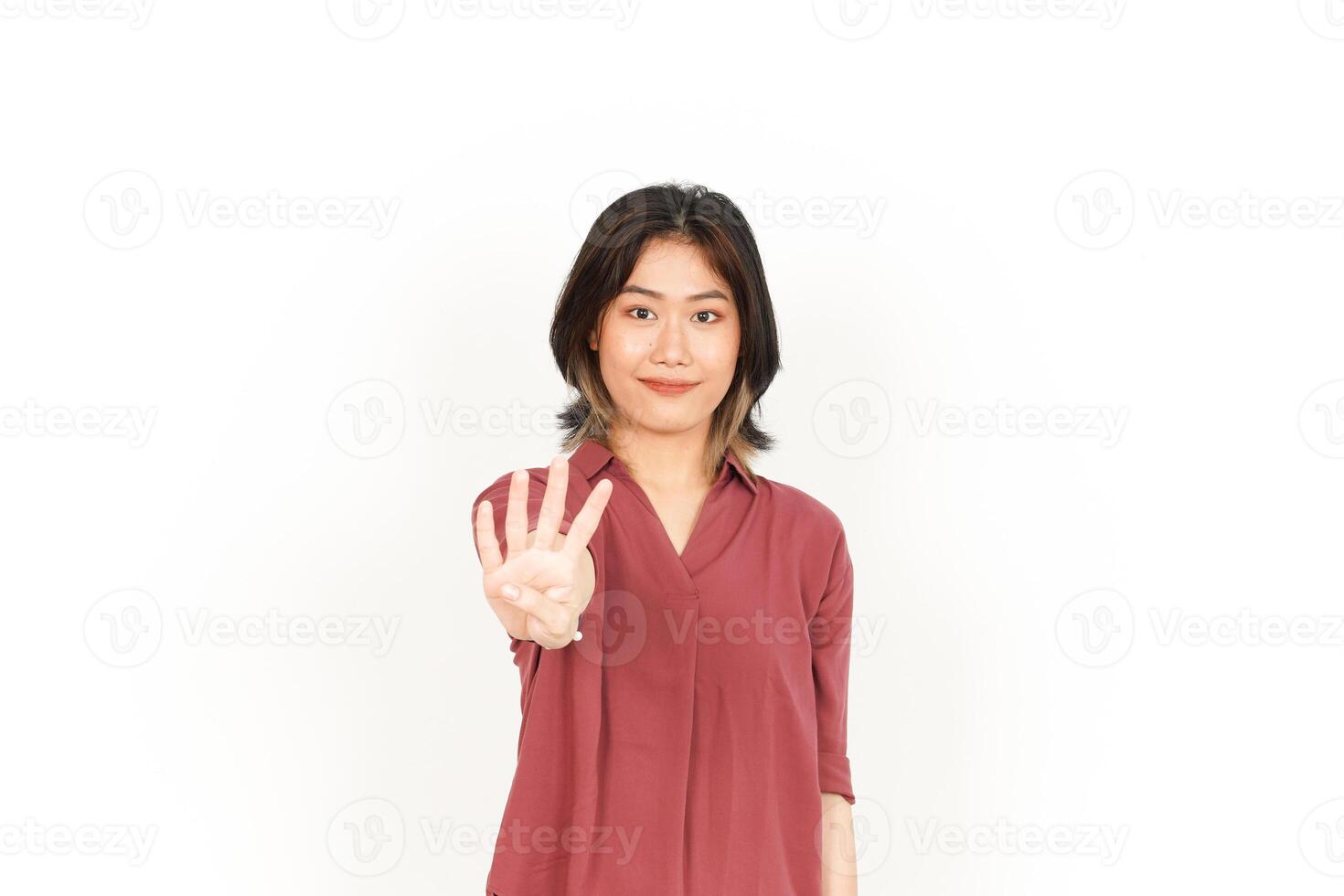 Showing Four Finger Of Beautiful Asian Woman Isolated On White Background photo