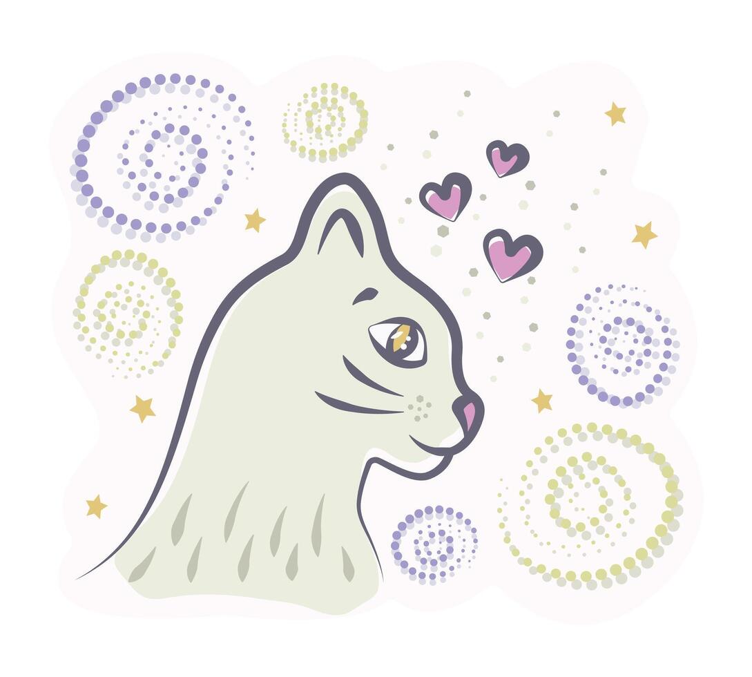 Cute magical cat in profile, swirls, spirals, hearts and stars in the sky on a background, light colorful illustration, post-impressionist art inspired by swirling strokes and color contrasts vector