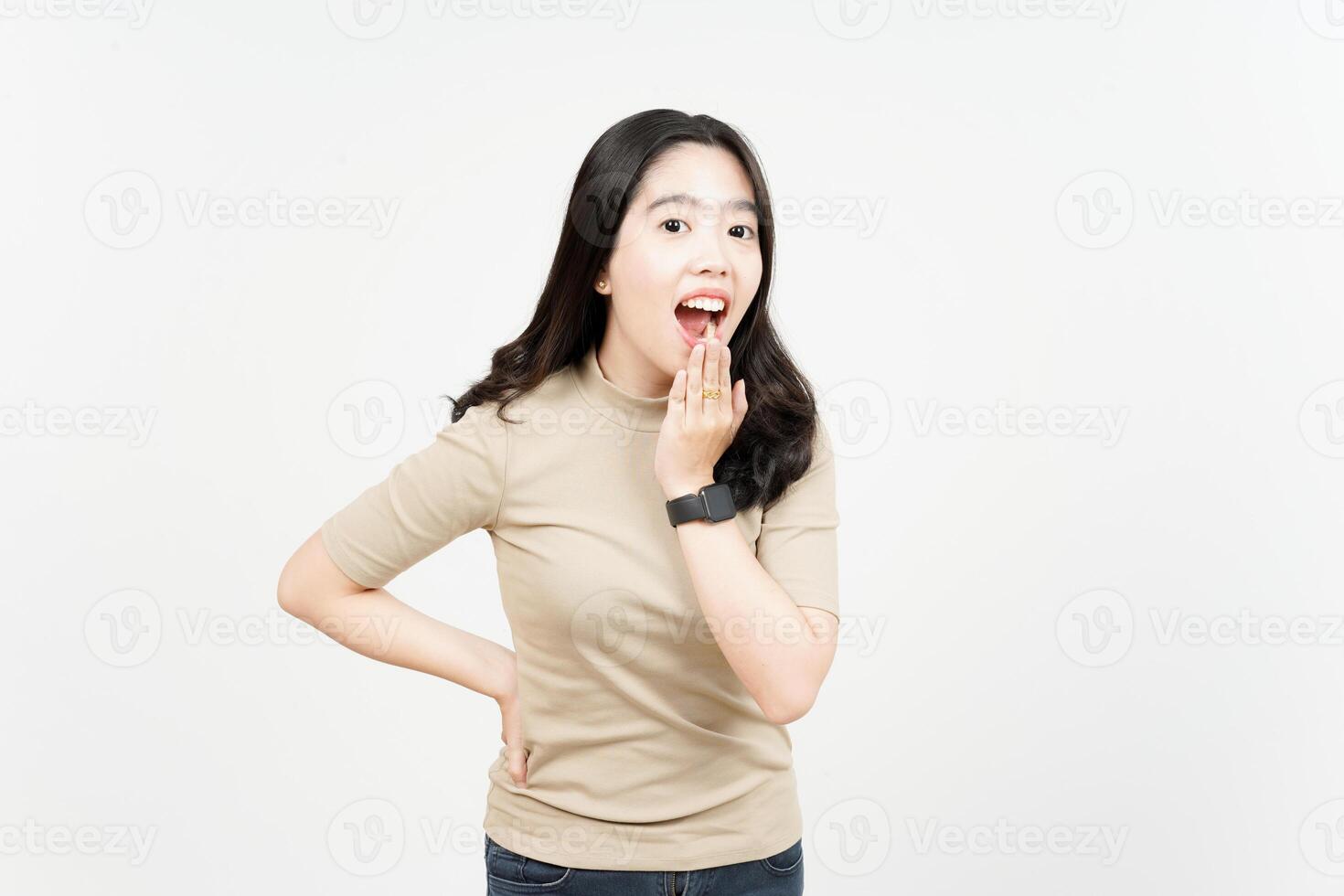 Wow Shock Face Expression Of Beautiful Asian Woman Isolated On White Background photo