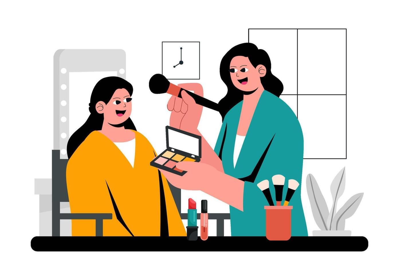Beauty Studio Scene with Makeup Artist and Clients in a Flat Style Background vector