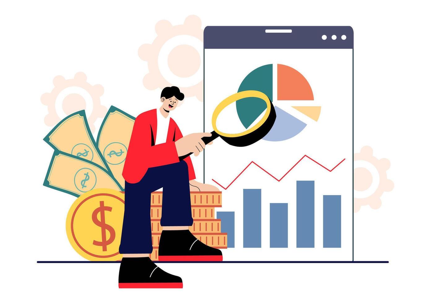 Illustration of a Businessman Managing Assets, Mutual Funds, and Financial Planning for Economic Gains vector
