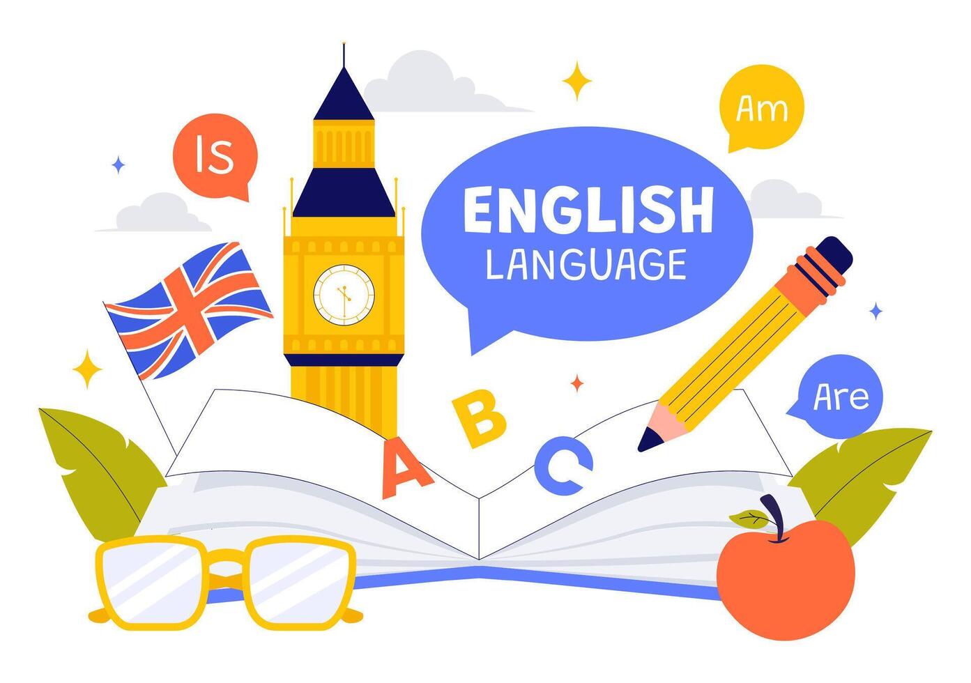 Language Learning Concept Illustration Featuring Students Practicing Grammar and Vocabulary for International Communication vector