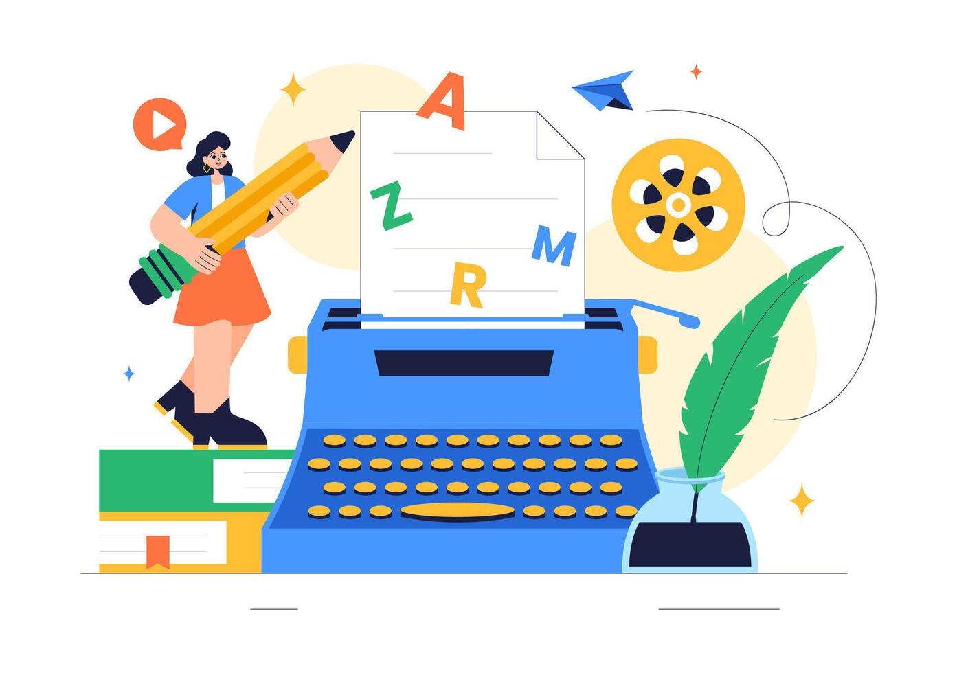 Film Production Illustration Featuring a Professional Writer Working on Screenplay Ideas vector