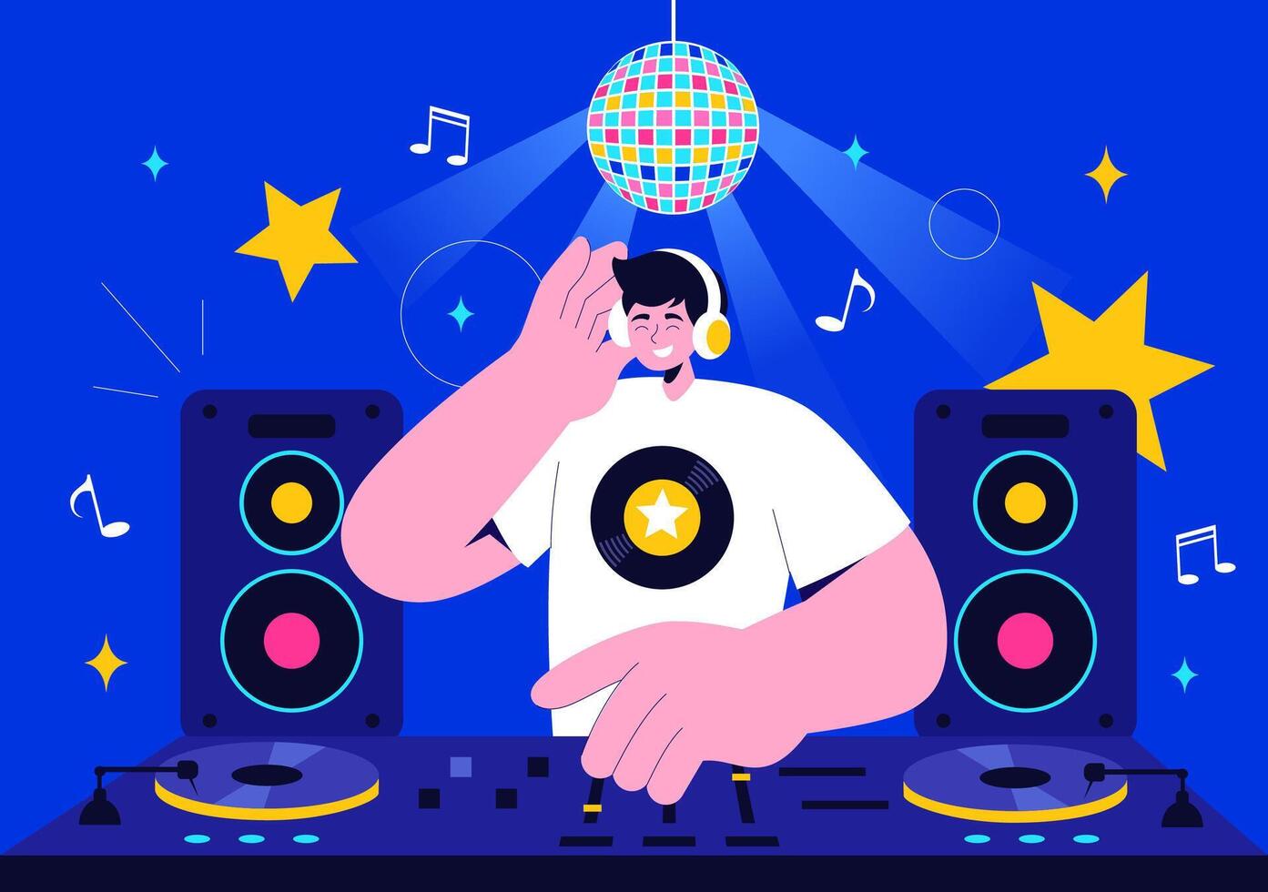 Nightlife Club DJ Mixing Tracks on a Turntable at a Vibrant Party Scene Illustration vector