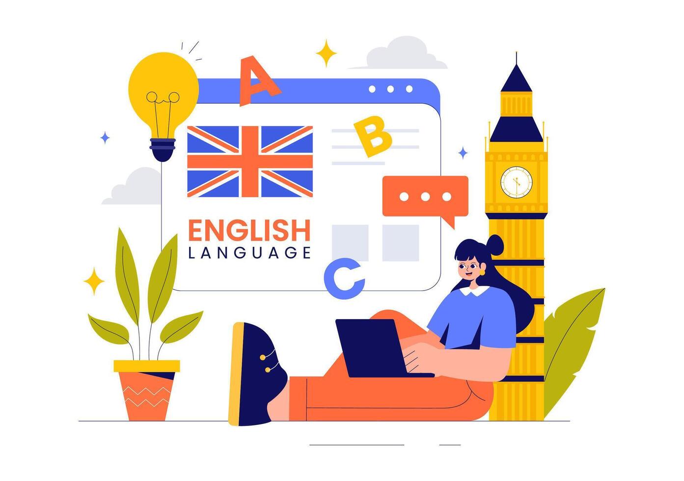 Global Communication Language Lesson Concept with Students Studying Grammar and Foreign Languages in a Flat Design vector