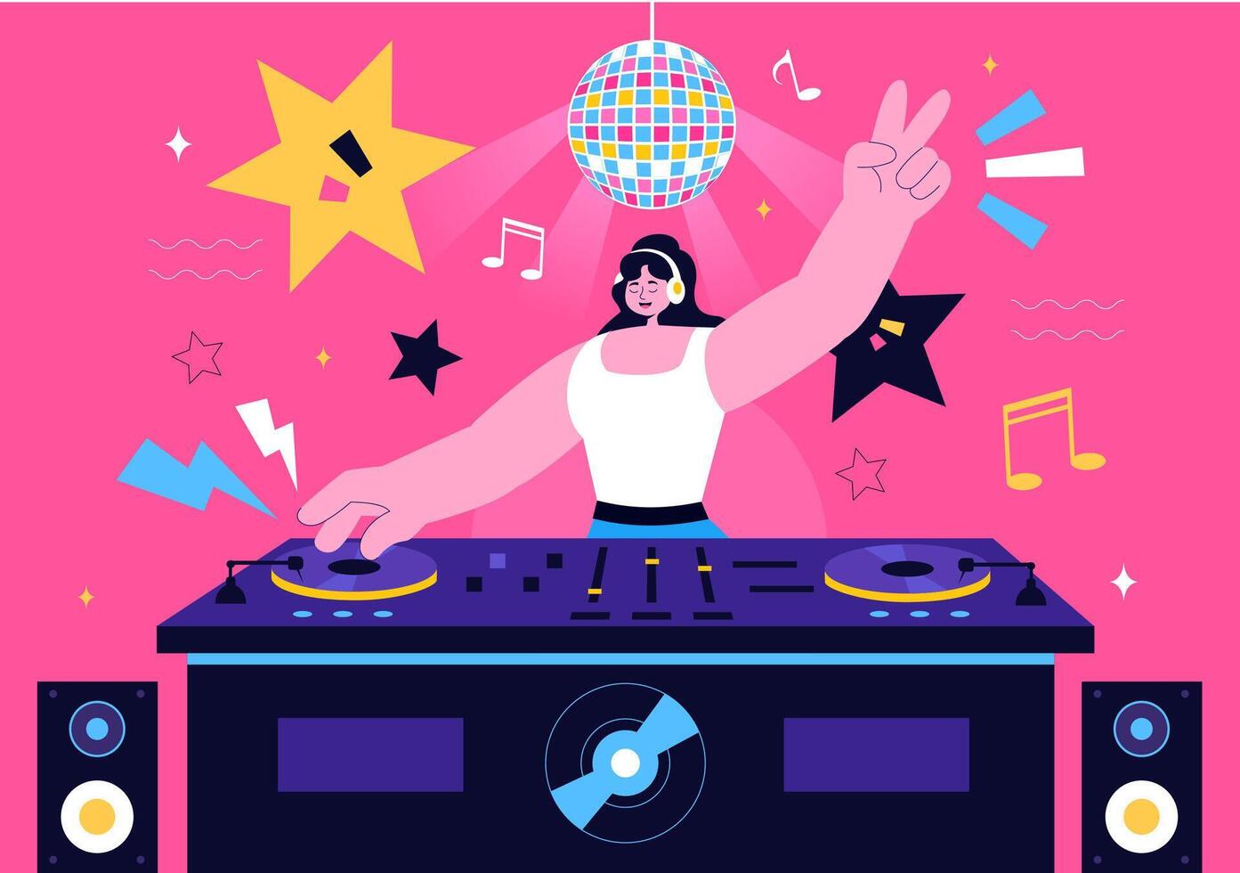 Nightlife Club DJ Illustration Featuring a Musician Performing with Headphones and Turntable vector