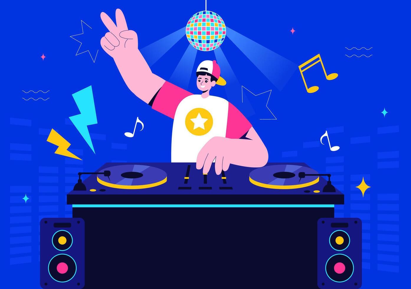 Illustration of a DJ Spinning Tracks on a Turntable in a Nightclub Party Background vector