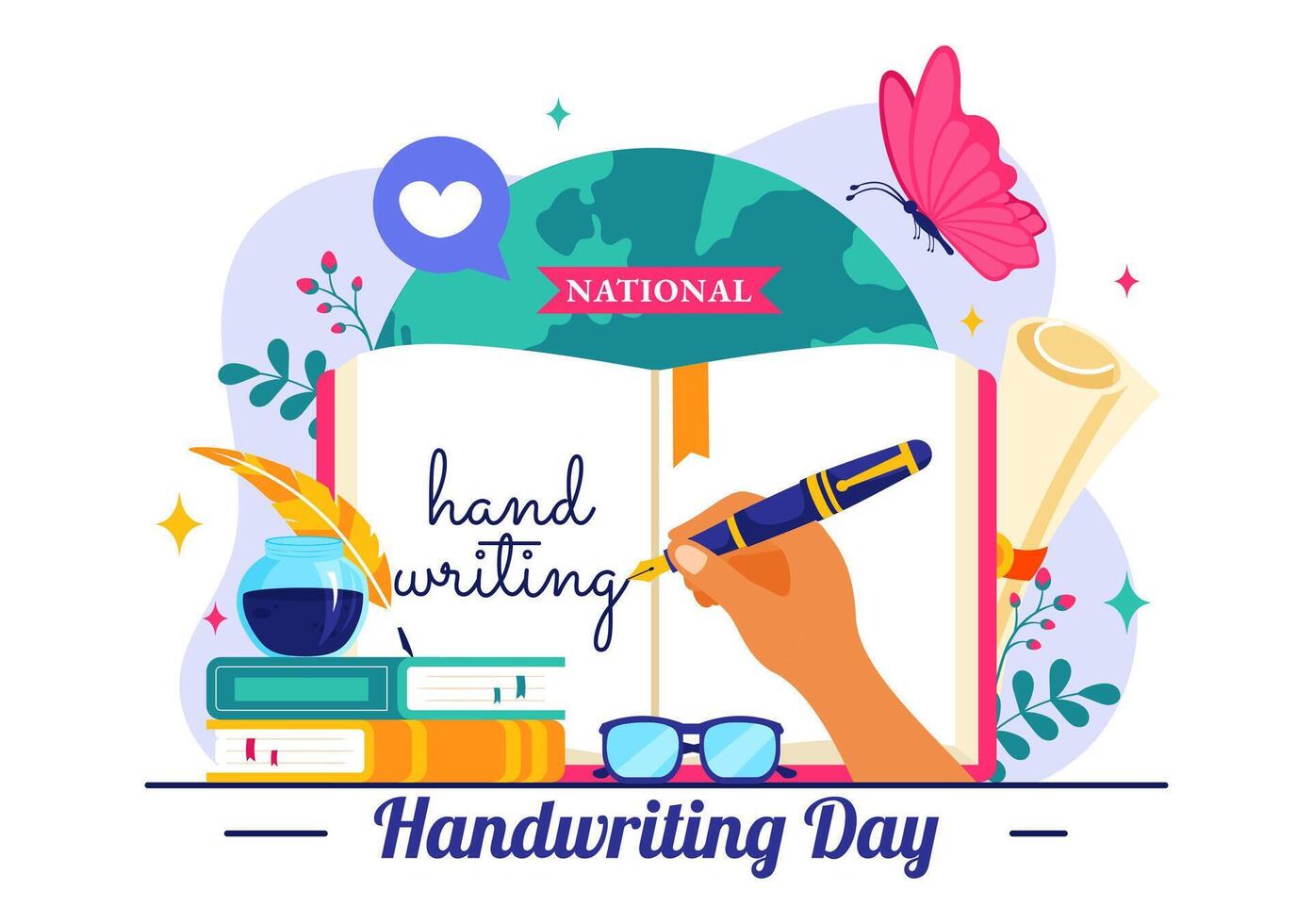 Flat Style Illustration for National Handwriting Day with Notes, Ink Pen, and Writing Accessories vector