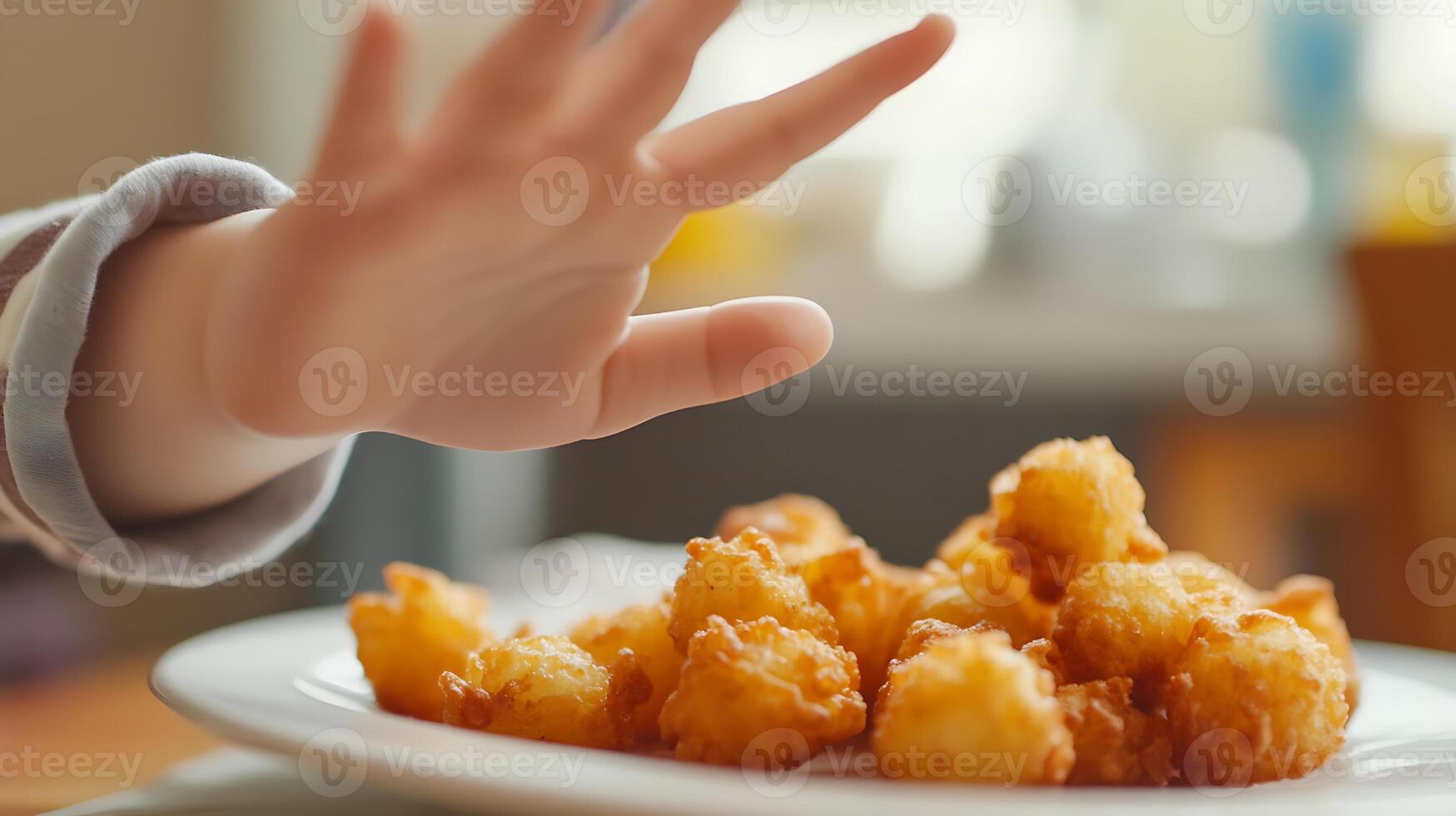 Child reaching for a tater tot, fun playful background for family meal vibe photo