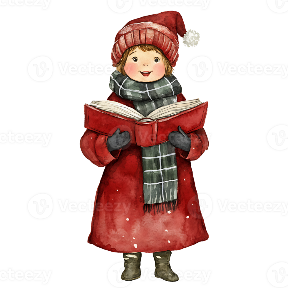 Cheerful child reading book in winter attire and hat png