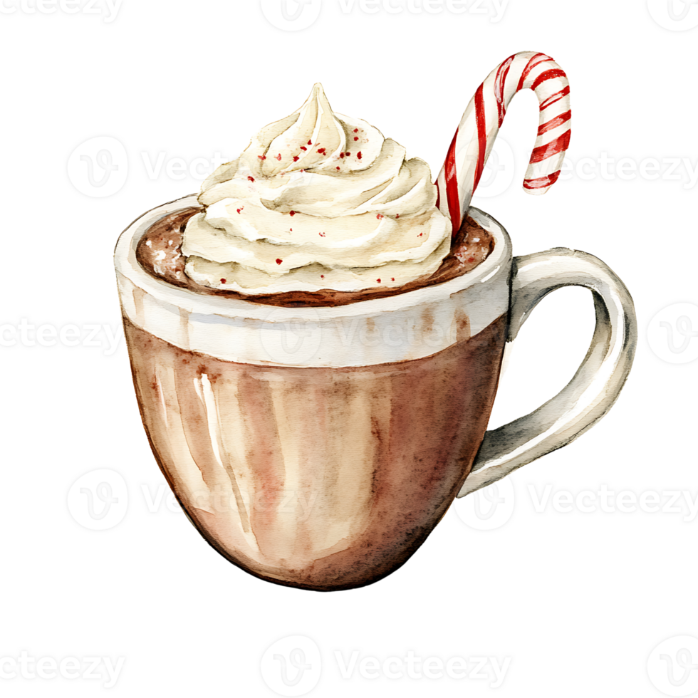 Warm cocoa with whipped cream and candy cane png
