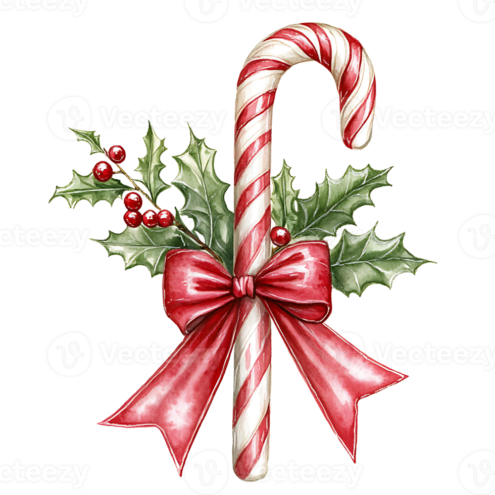 Candy cane with holly and bow, perfect for festive decor png