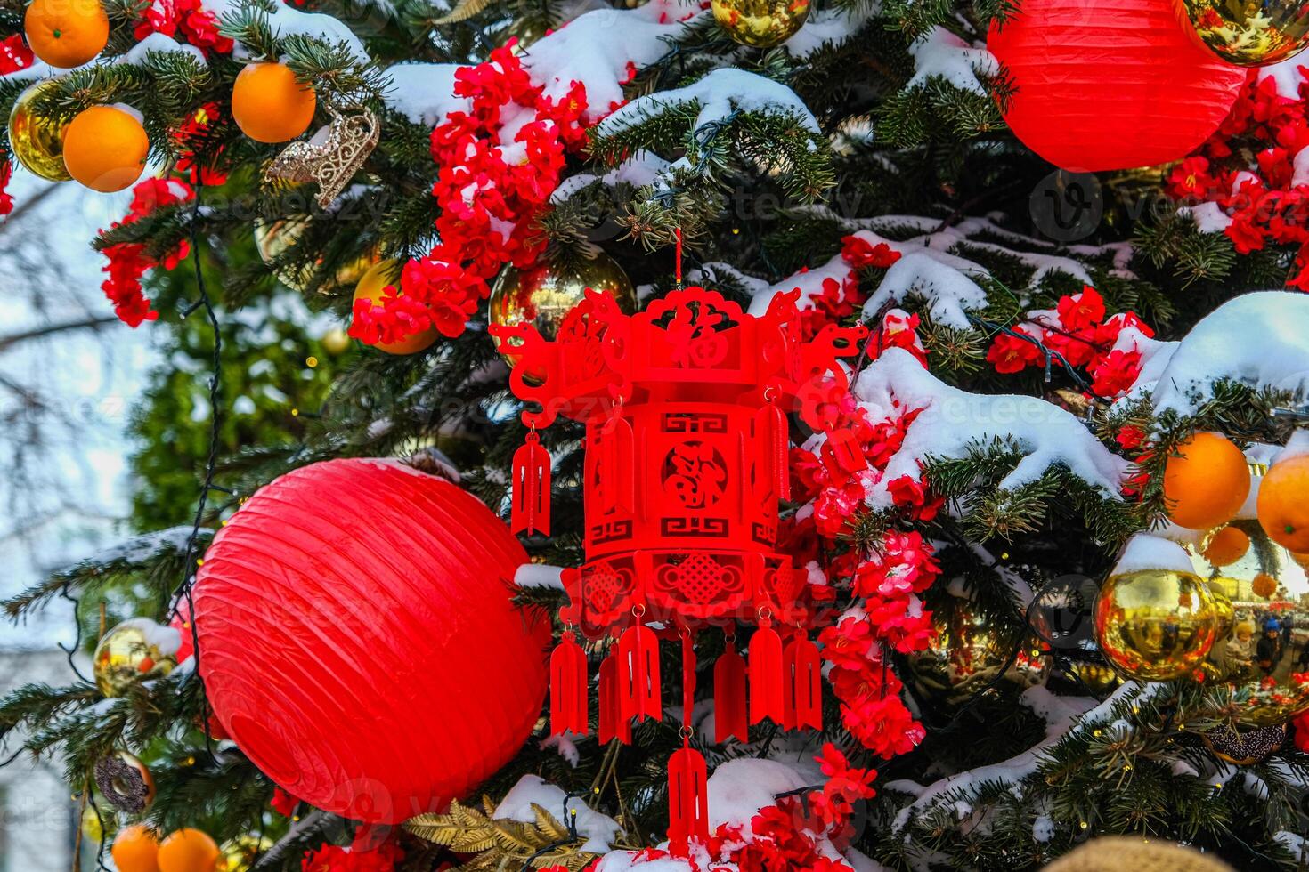 Chinese red lantern in the night of Chinese New Year of happiness photo