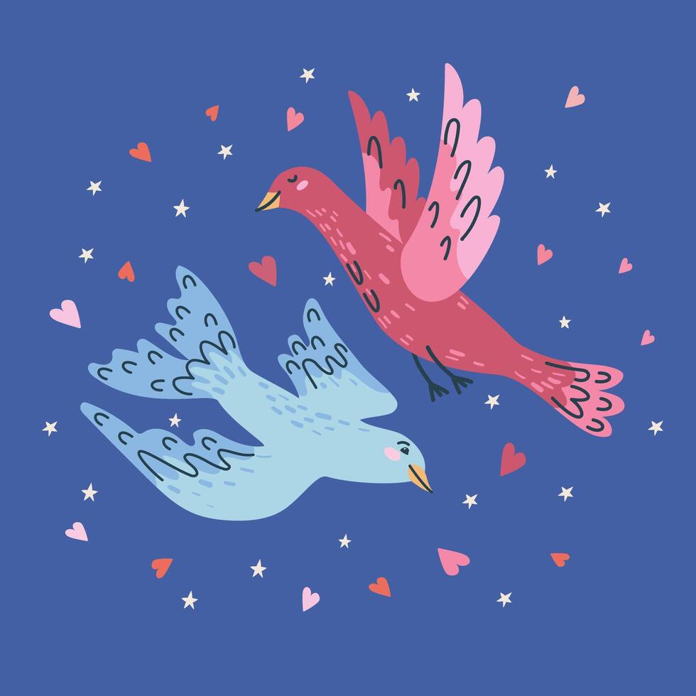 Happy Valentine's day greeting card. Handdrawn illustration with birds and cute elements. vector