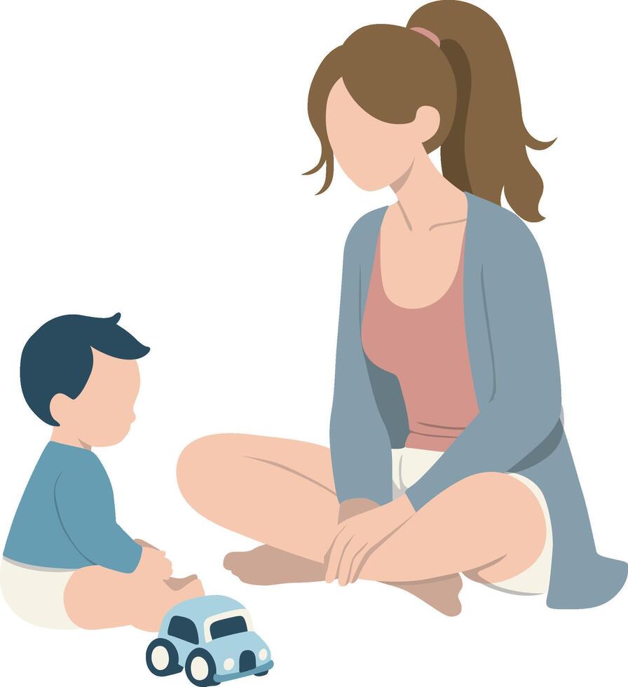 Mother Takes Care of Toddler and Play with Toy. vector