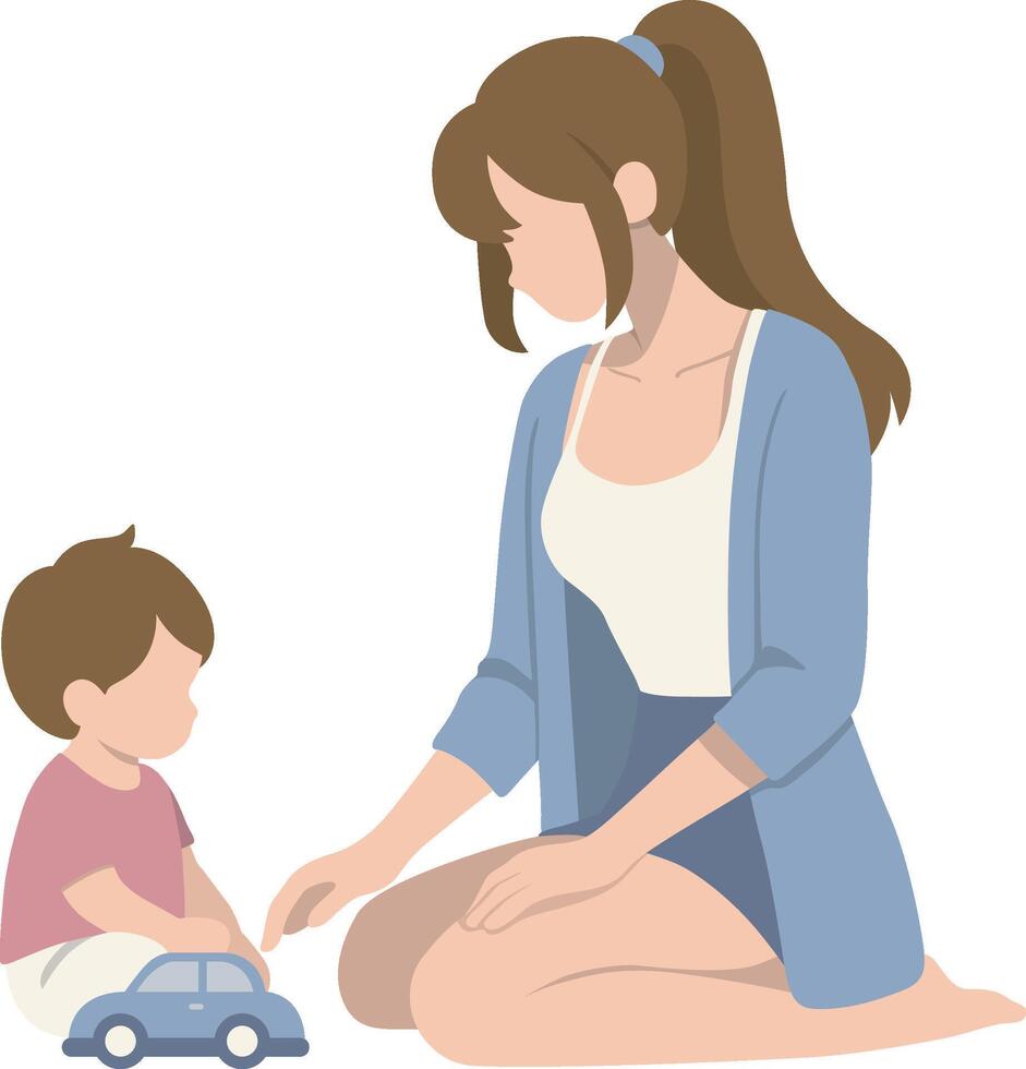 Mother Takes Care of Toddler and Play with Toy at Home. vector