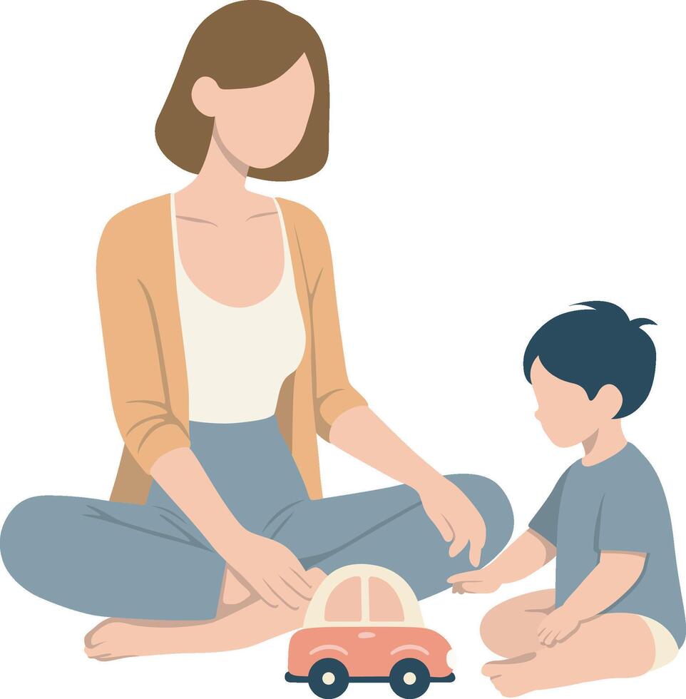 Mother Takes Care of Toddler Sitting on Ground and Play with Toy Car. vector