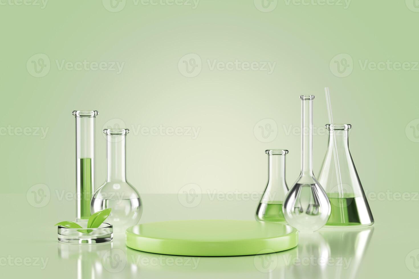 Lab glass setting with green podium display and eco experiment concept. 3d render scientific research setup photo