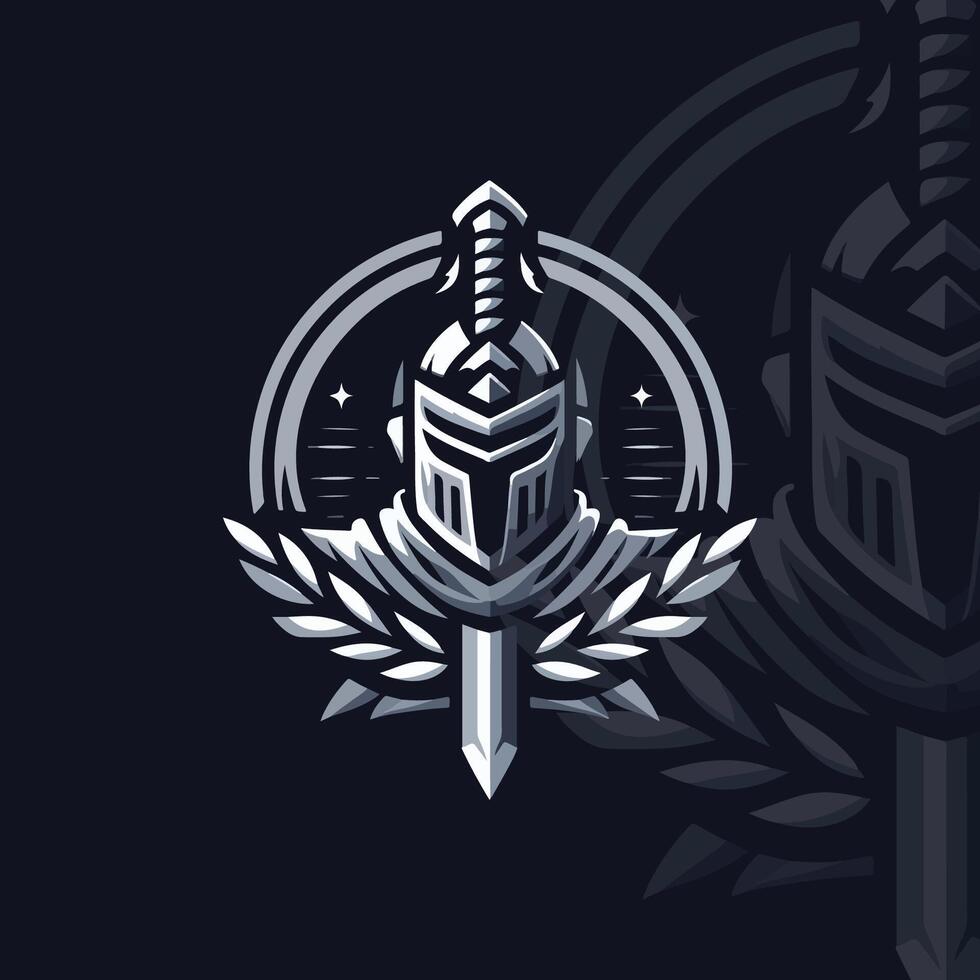flat e-sport logo of a stylized knights helmet and sword vector